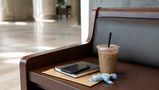 Courthouse waiting scene with an iced coffee, manila envelope, phone, notebook, and pale blue wrapped coffee candies on a wooden bench in soft light