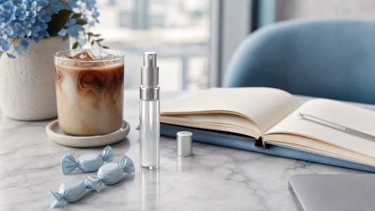 Close-conversation day desk scene with espresso, notebook, sleek breath spray, and pale blue wrapped coffee candies in soft window light