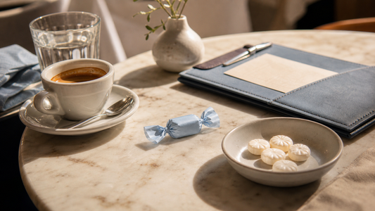 Photorealistic editorial lunch-table scene with an espresso cup, pale blue wrapped coffee candies, cream buttermints on a small dish, and a linen check presenter.