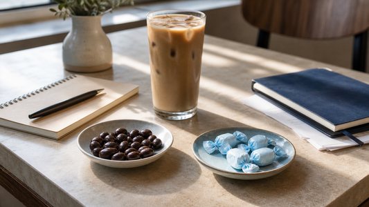 Cafe table scene with an iced latte, notebook, a dish of chocolate-covered espresso beans, and pale blue wrapped coffee candies in soft afternoon light