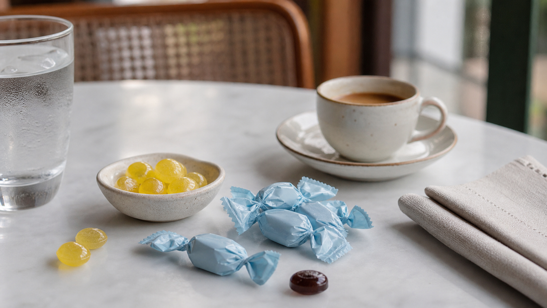 Photorealistic editorial cafe-table scene with pale blue wrapped coffee candies, glossy lemon drops in a small dish, an espresso cup, and cream linen in soft afternoon light.