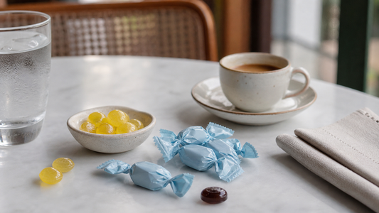 Photorealistic editorial cafe-table scene with pale blue wrapped coffee candies, glossy lemon drops in a small dish, an espresso cup, and cream linen in soft afternoon light.
